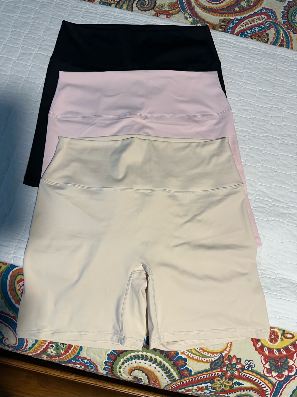 Amazon 3 pair  Women’s High-Rise Bike Shorts in Black, Light Pink, Cream
